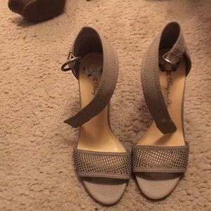 light brown almost grey open toed heels